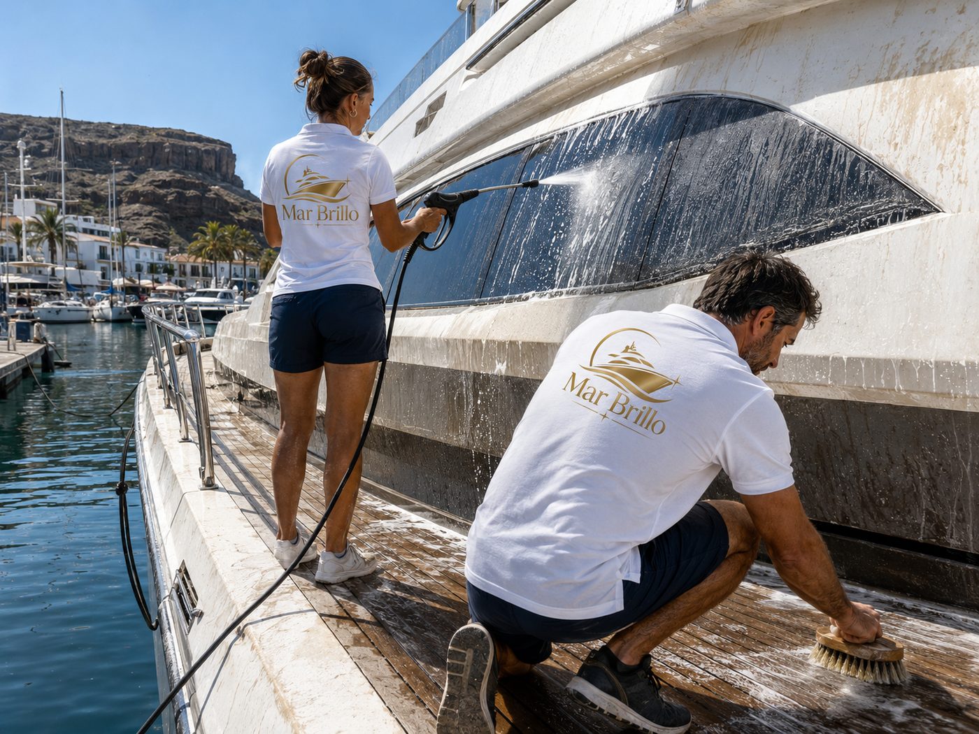 Yate con salitre y suciedad antes de la limpieza de Mar Brillo en Gran Canaria
